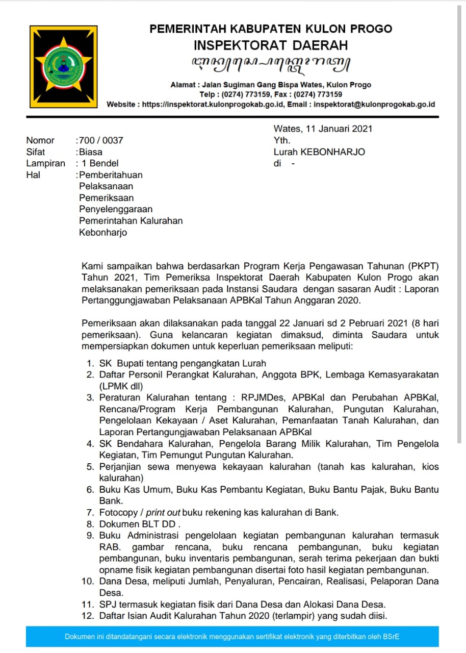 Pertanggungjawaban APBKal Kebonharjo TA 2020 diperiksa Inspektorat Daerah pada Awal Tahun 2021